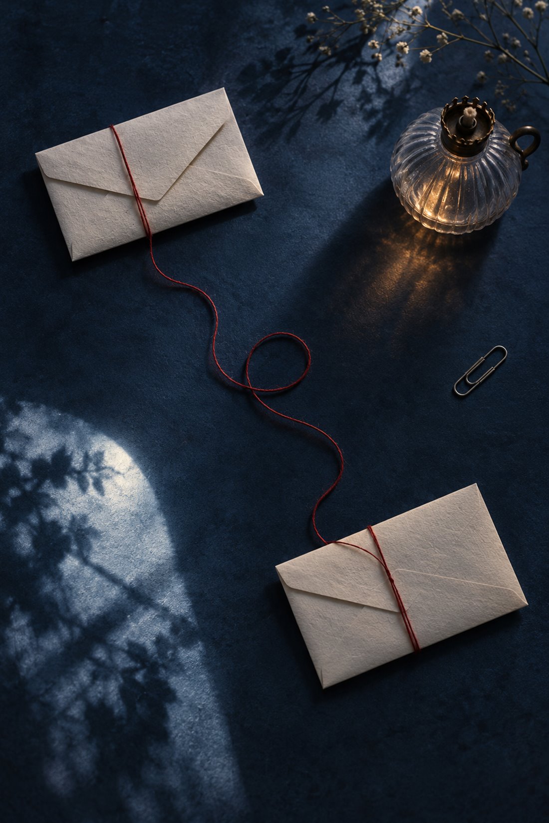 Two folded letters connected by a fine red thread in moonlight